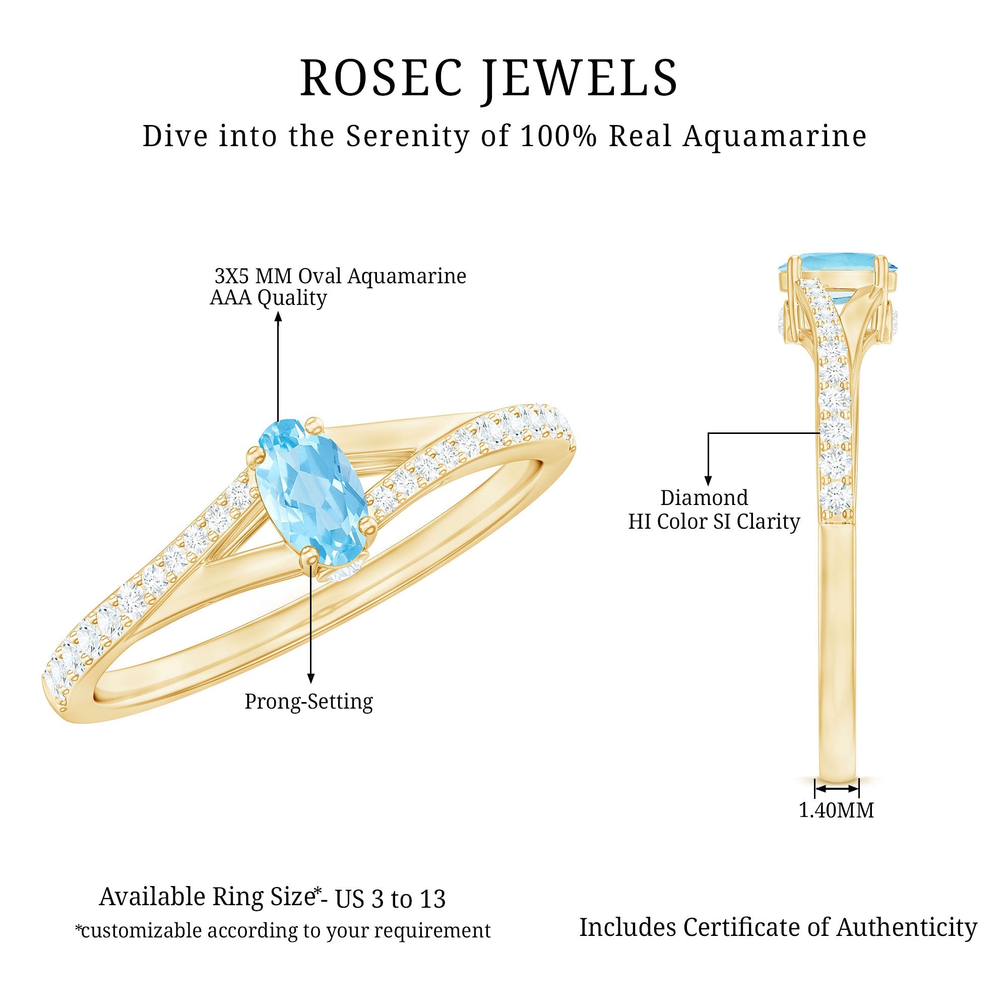 Natural Aquamarine Promise Ring with Diamond Split Shank