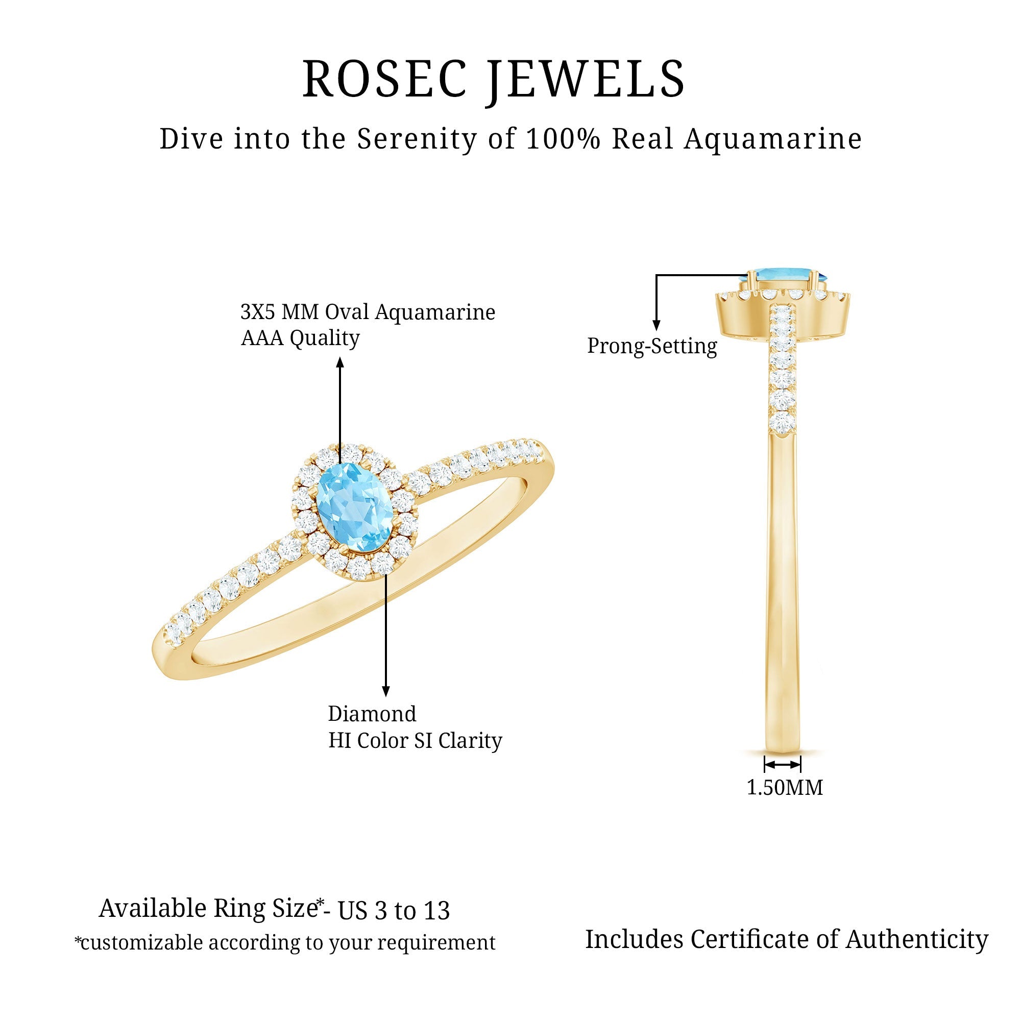Natural Aquamarine Promise Ring with Diamond Halo