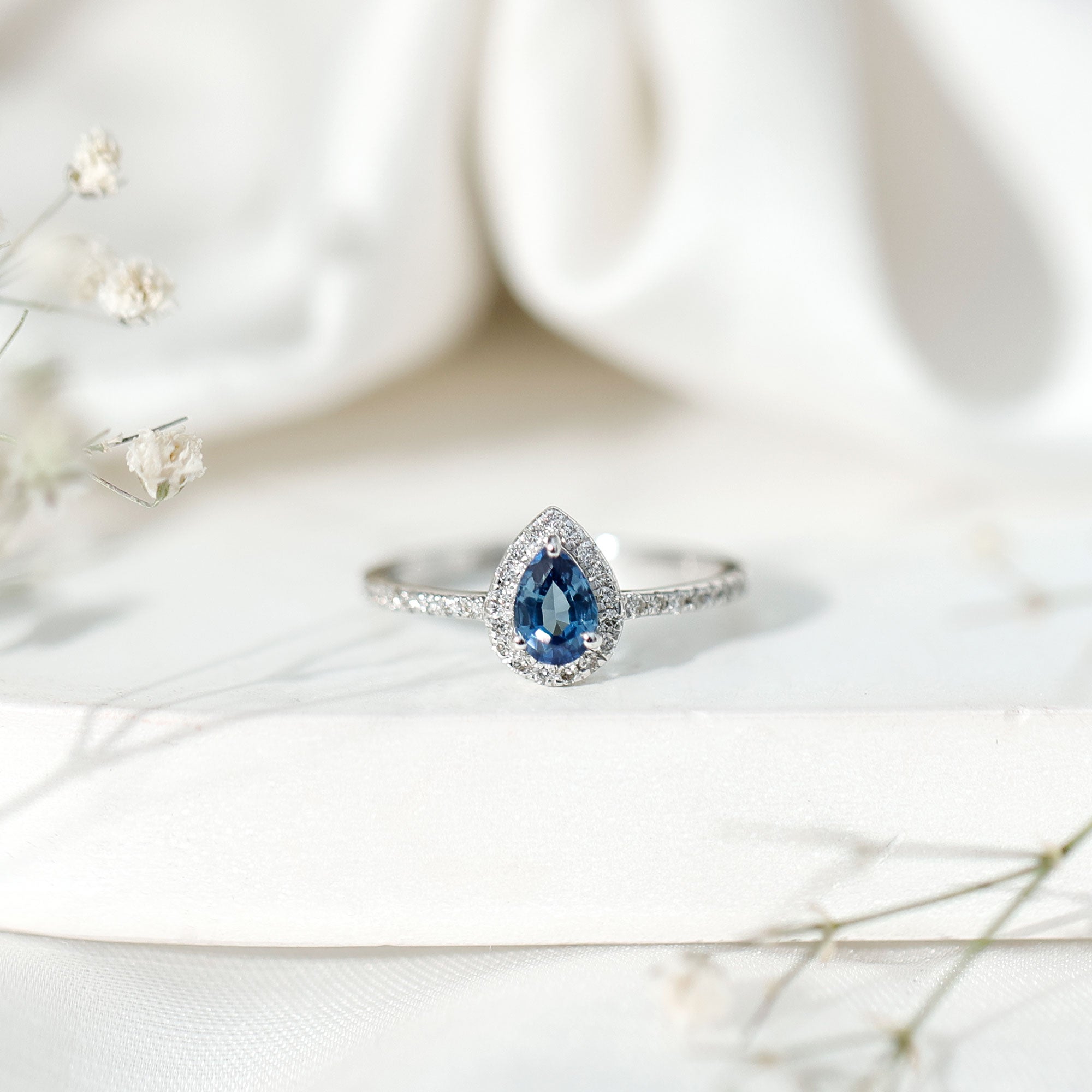 Natural Half Carat Blue Sapphire Teardrop Engagement Ring with Diamond Halo