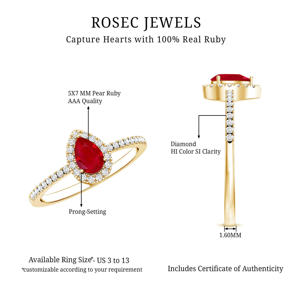 Natural Ruby Teardrop Ring with Diamond Halo
