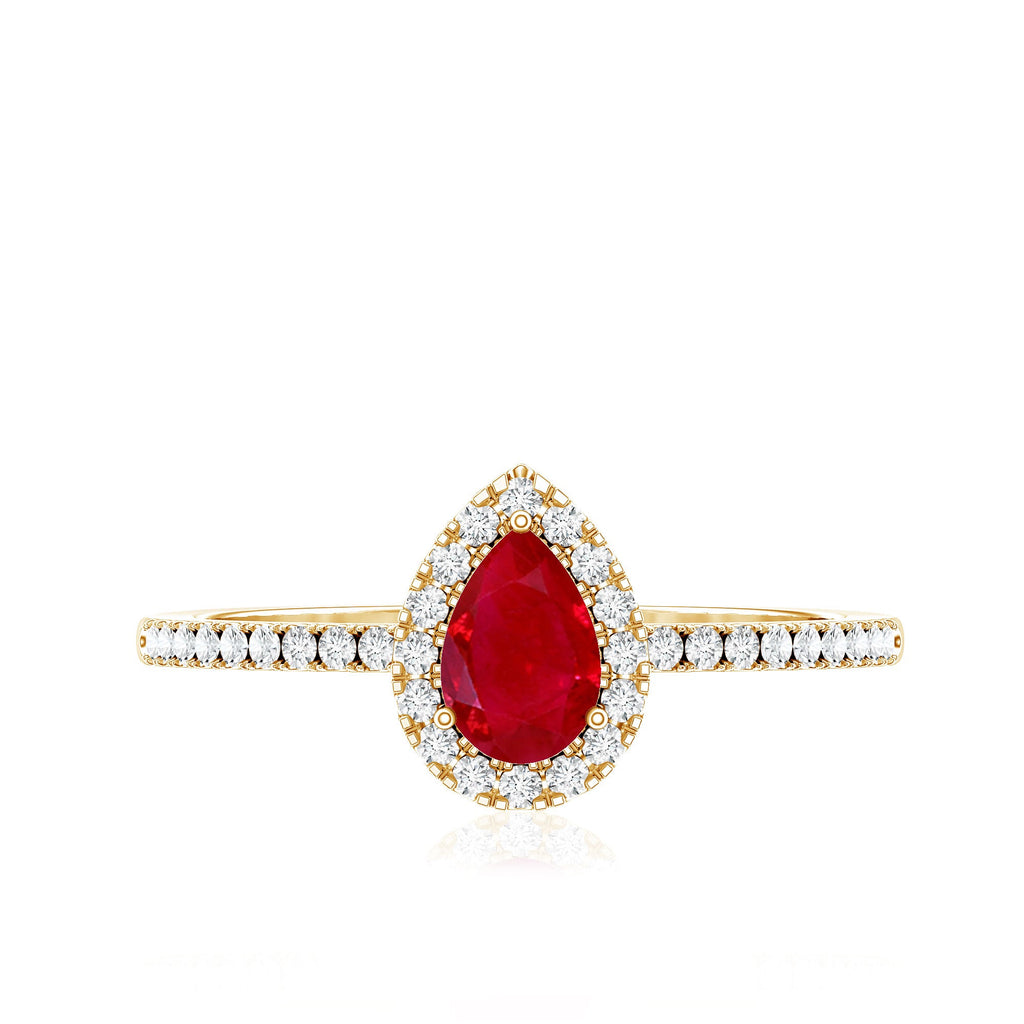 Natural Ruby Teardrop Ring with Diamond Halo