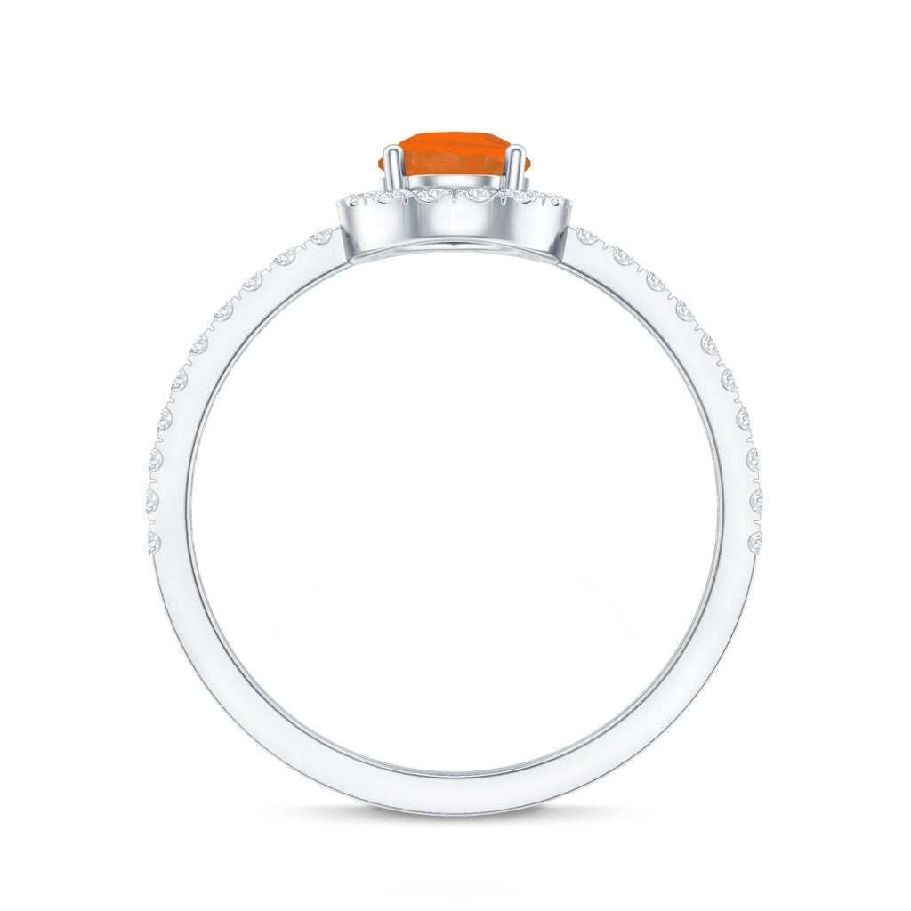 Genuine Fire Opal Teardrop Ring with Diamond Halo