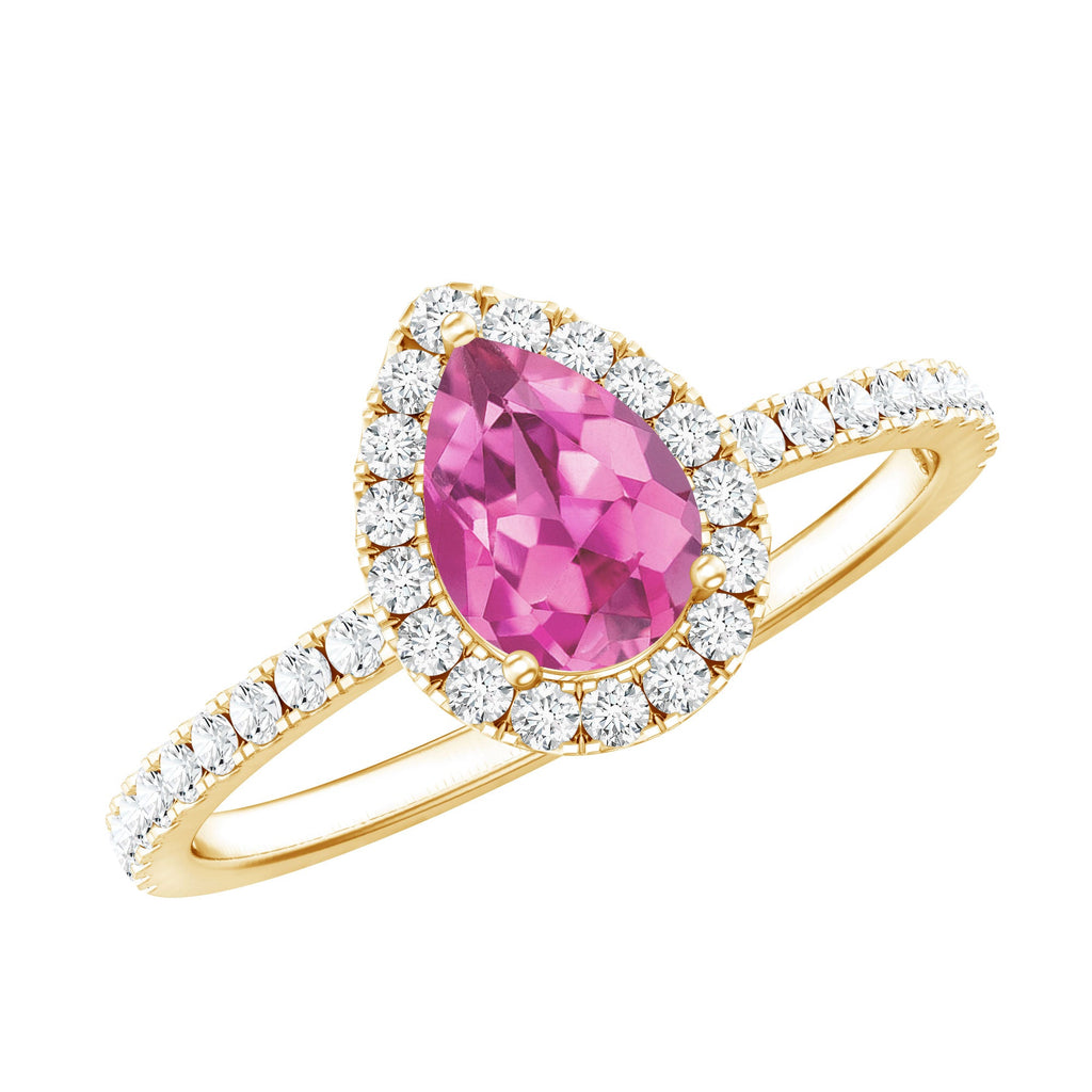 Natural Pink Tourmaline Teardrop Ring with Diamond Halo