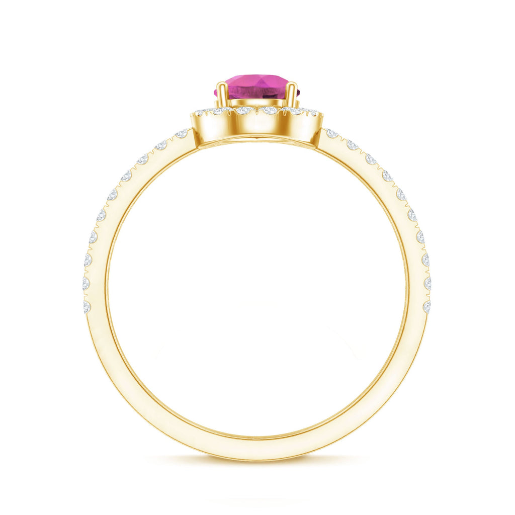 Natural Pink Tourmaline Teardrop Ring with Diamond Halo