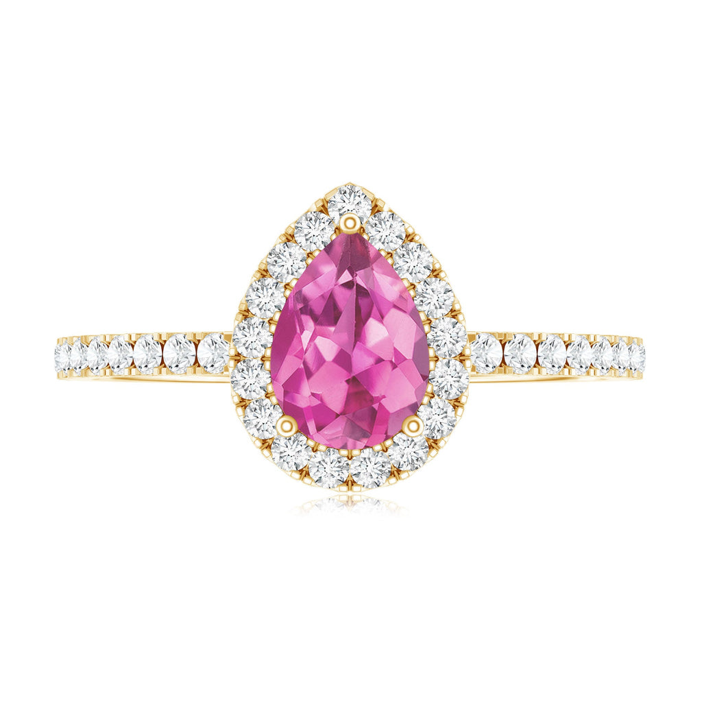 Natural Pink Tourmaline Teardrop Ring with Diamond Halo