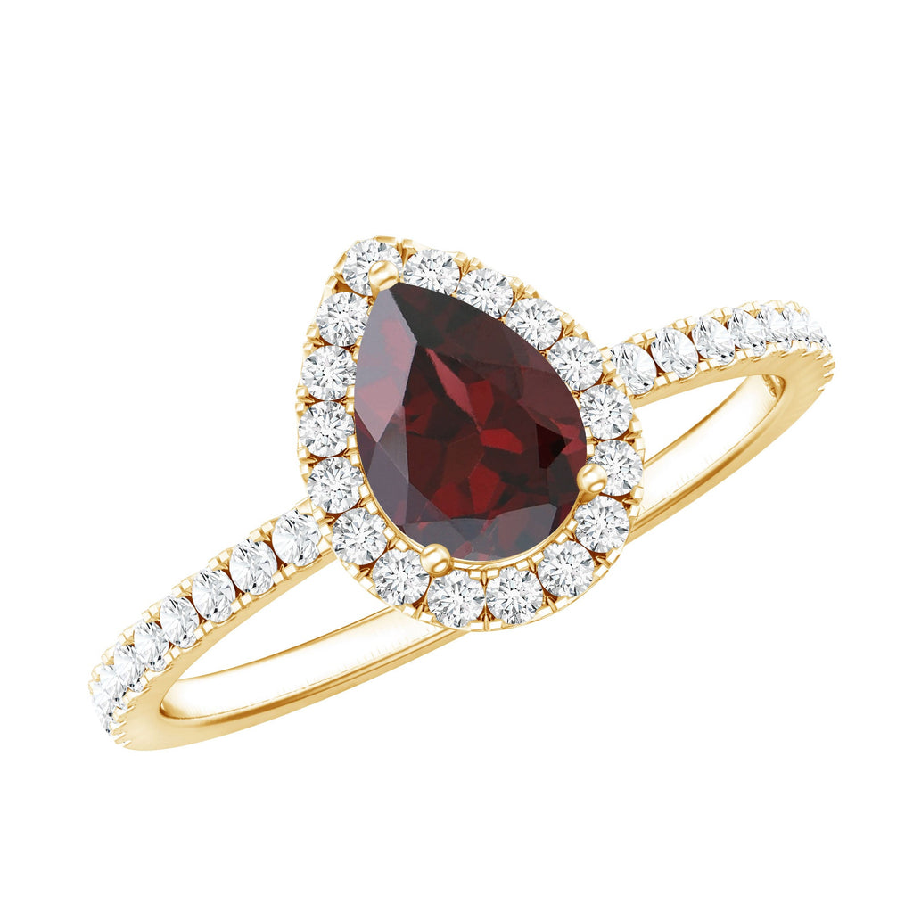 Natural 0.8 Carat Garnet Teardrop Engagement Ring with Diamond Halo