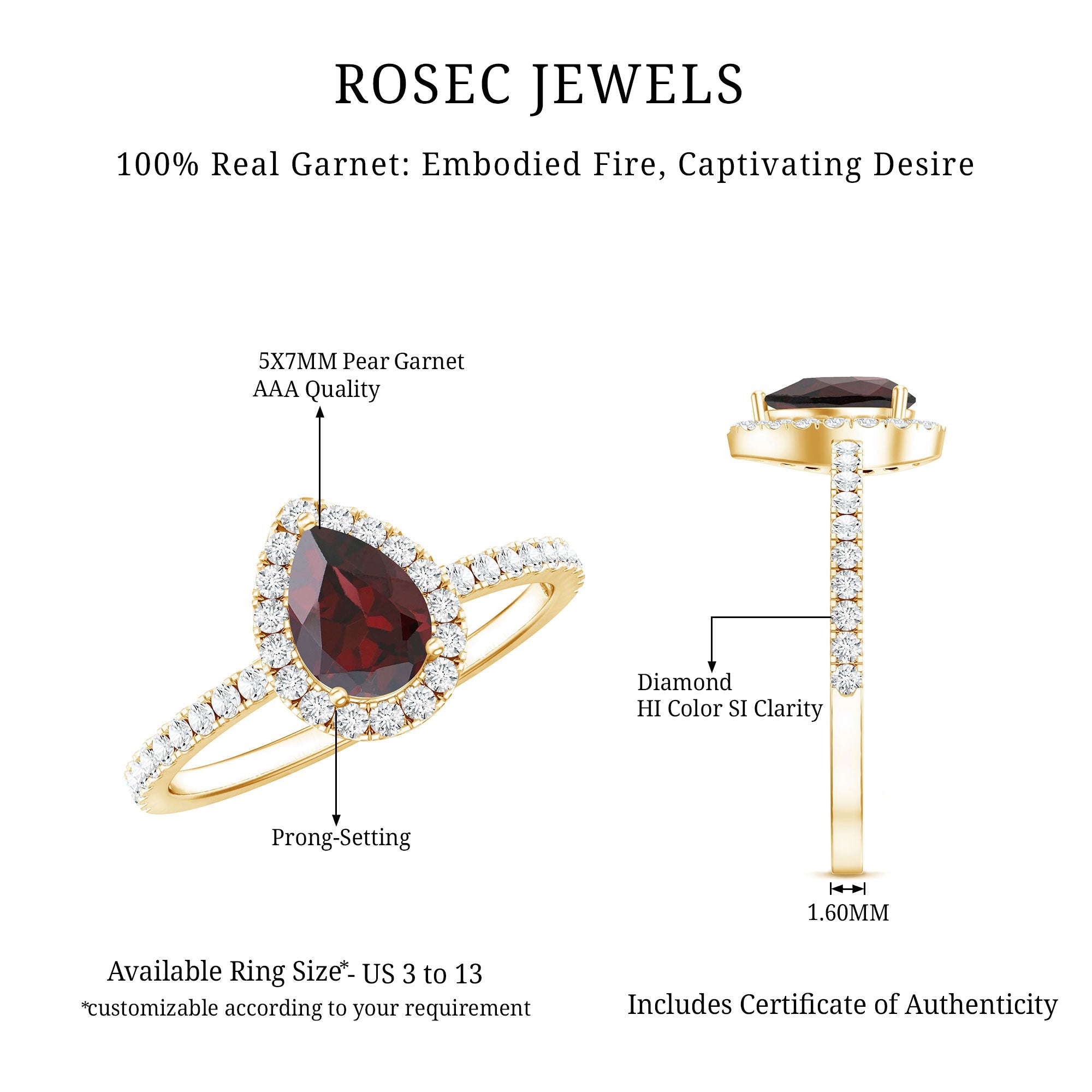 Natural 0.8 Carat Garnet Teardrop Engagement Ring with Diamond Halo