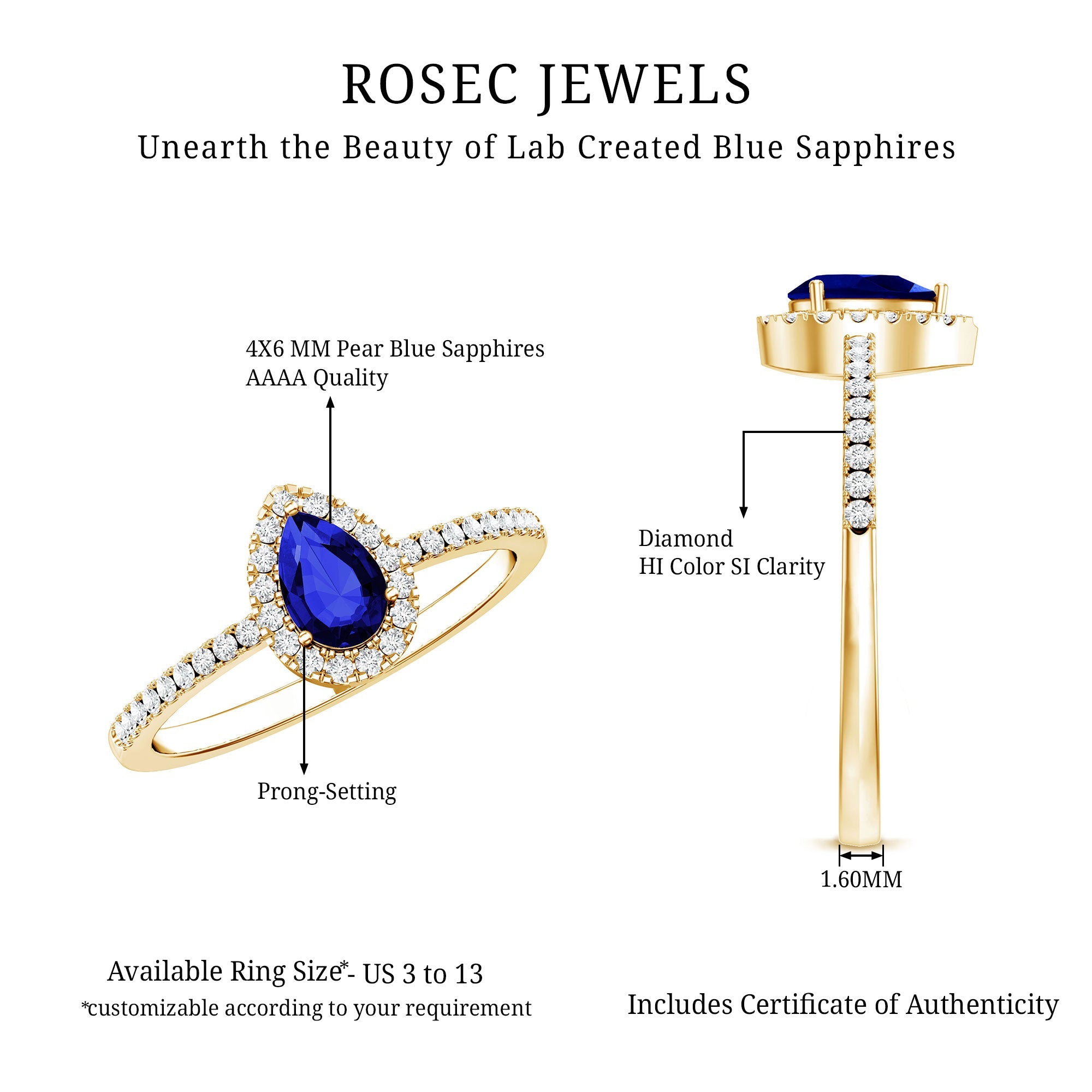 Certified Half Carat Lab Grown Blue Sapphire Teardrop Engagement Ring with Diamond Halo
