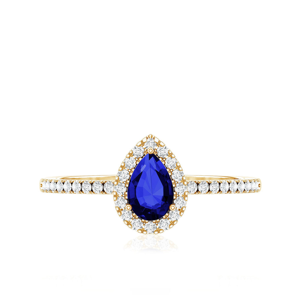Certified Half Carat Lab Grown Blue Sapphire Teardrop Engagement Ring with Diamond Halo