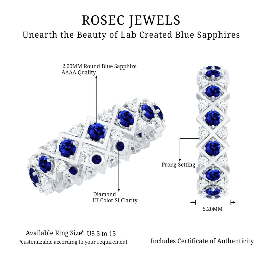 Lab Created Blue Sapphire and Diamond Designer Wedding Band for Women