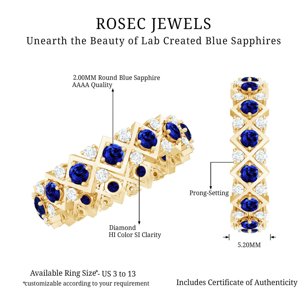Lab Created Blue Sapphire and Diamond Designer Wedding Band for Women