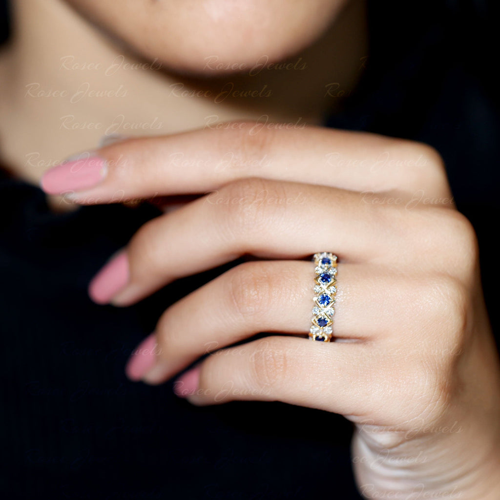 Lab Created Blue Sapphire and Diamond Designer Wedding Band for Women