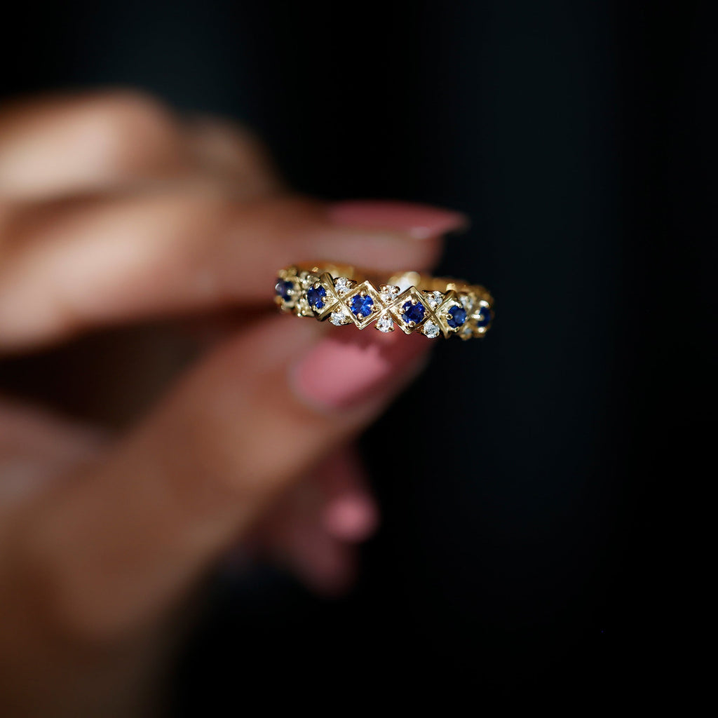 Lab Created Blue Sapphire and Diamond Designer Wedding Band for Women