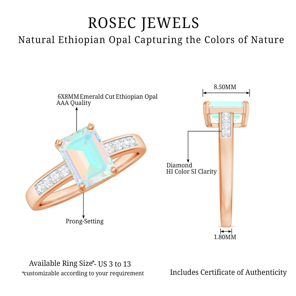 Genuine Ethiopian Opal 2 Carat Emerald Cut Engagement Ring with Diamond