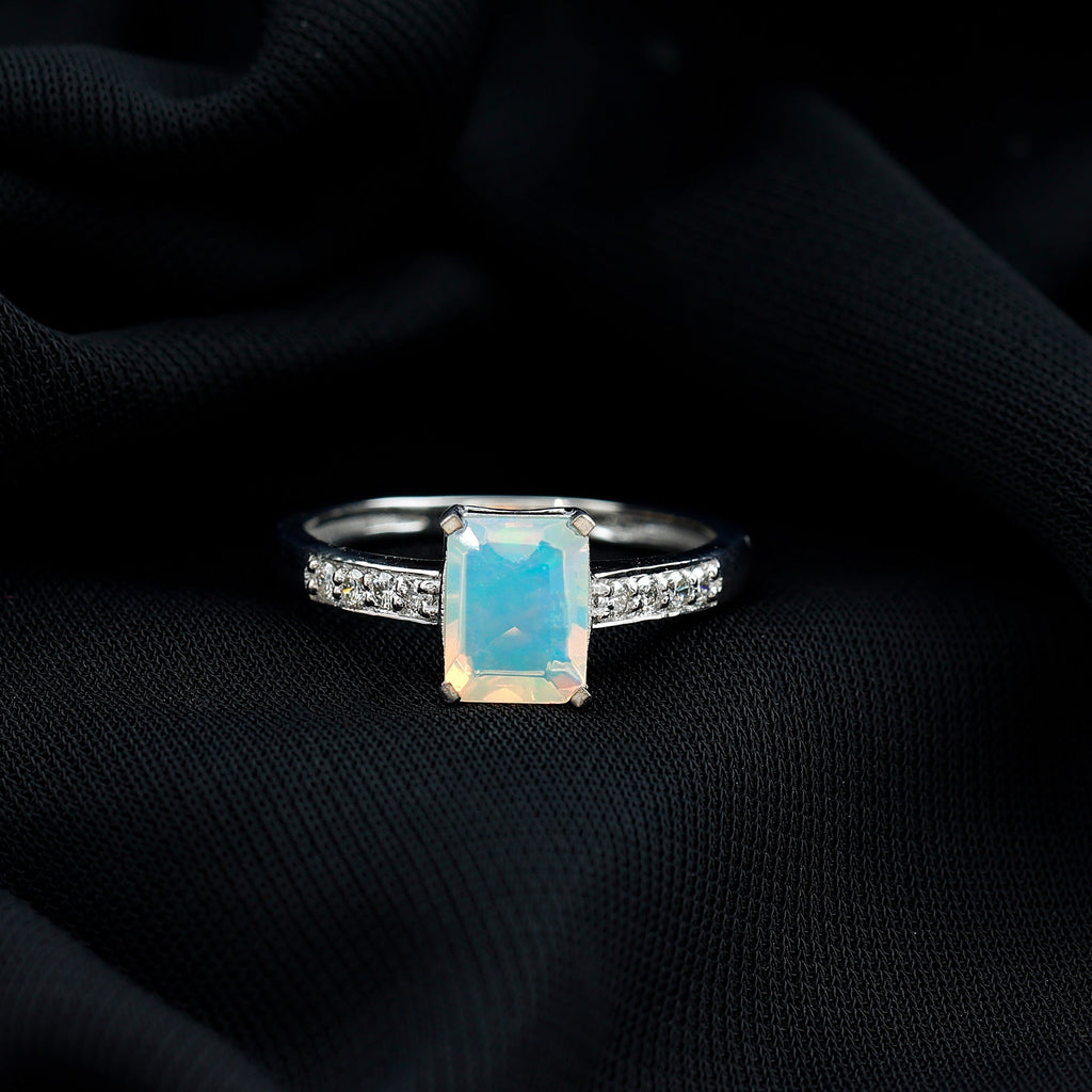 Genuine Ethiopian Opal 2 Carat Emerald Cut Engagement Ring with Diamond
