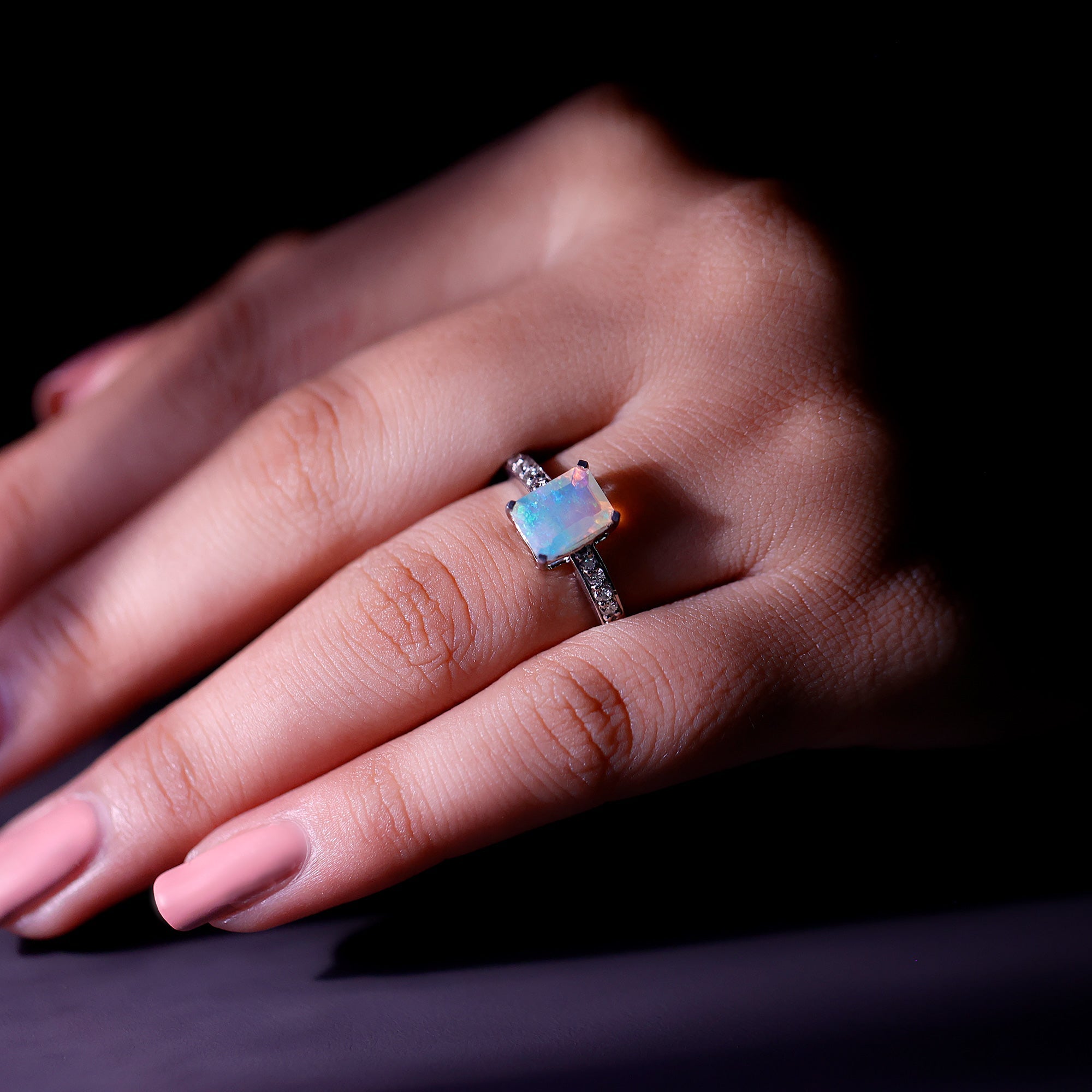 Genuine Ethiopian Opal 2 Carat Emerald Cut Engagement Ring with Diamond