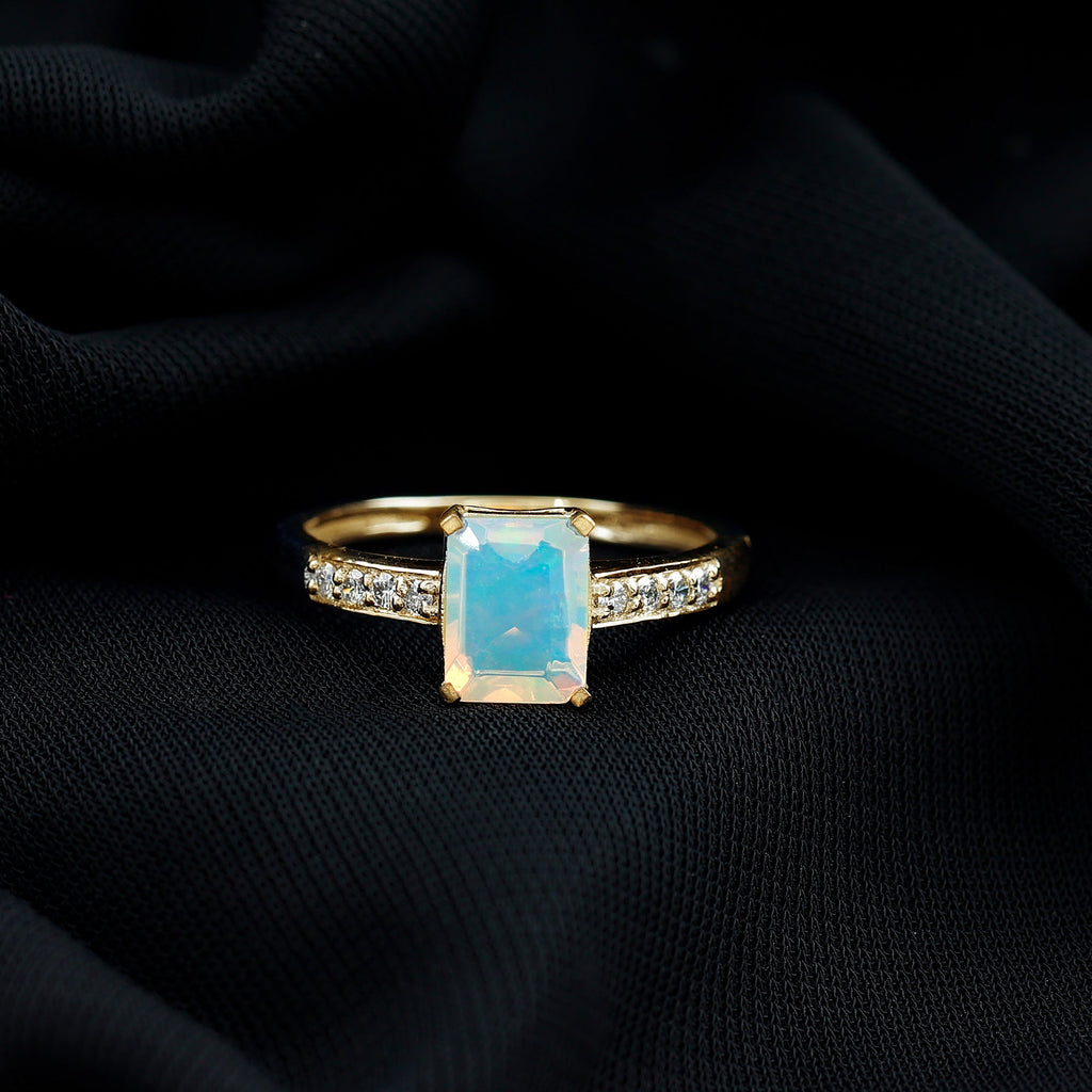 Genuine Ethiopian Opal 2 Carat Emerald Cut Engagement Ring with Diamond