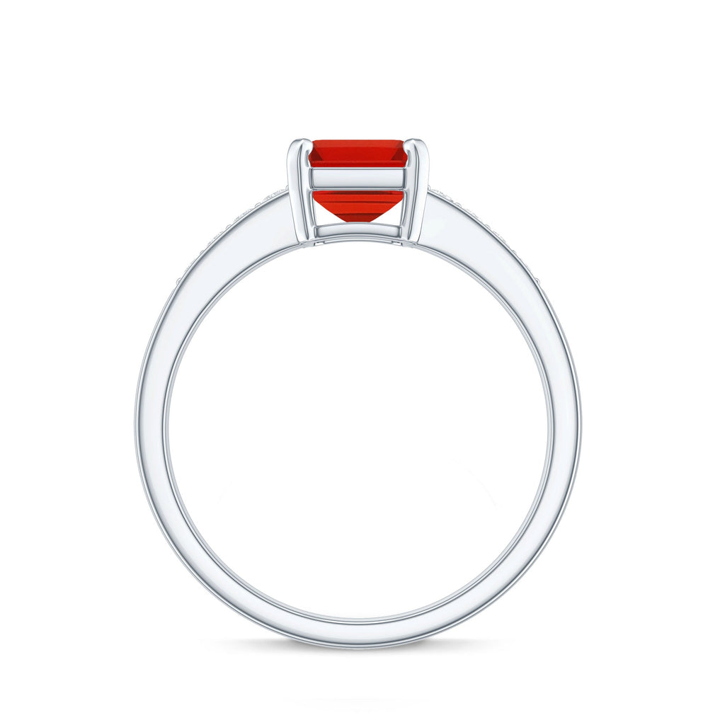 Emerald Cut Real Fire Opal Solitaire Engagement Ring with Diamond