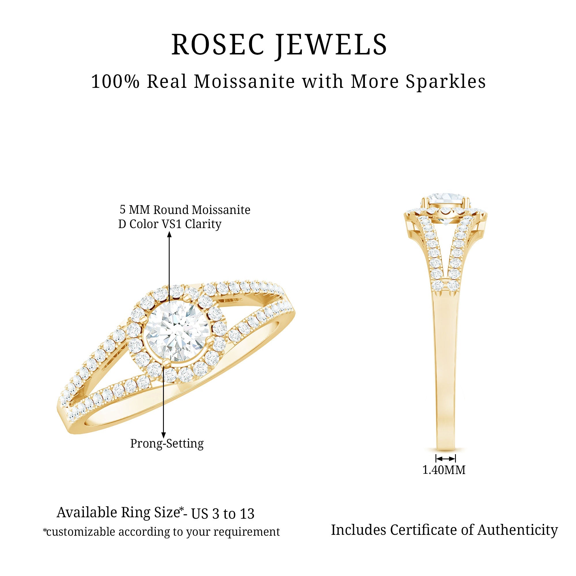 Womens Moissanite Halo Engagement Ring with Split Shank