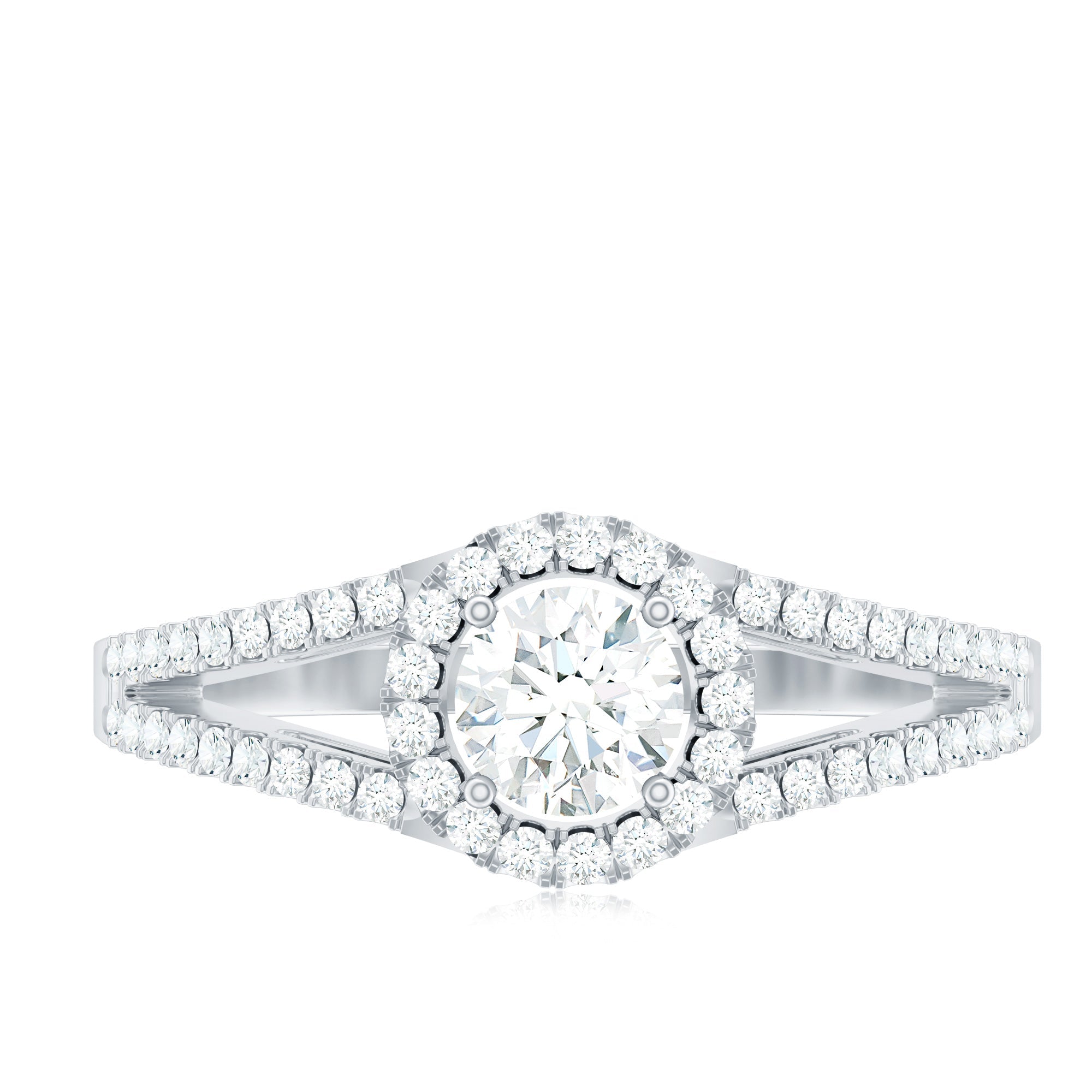 Womens Moissanite Halo Engagement Ring with Split Shank