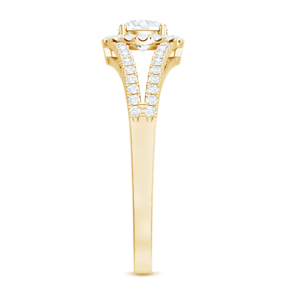 Womens Moissanite Halo Engagement Ring with Split Shank