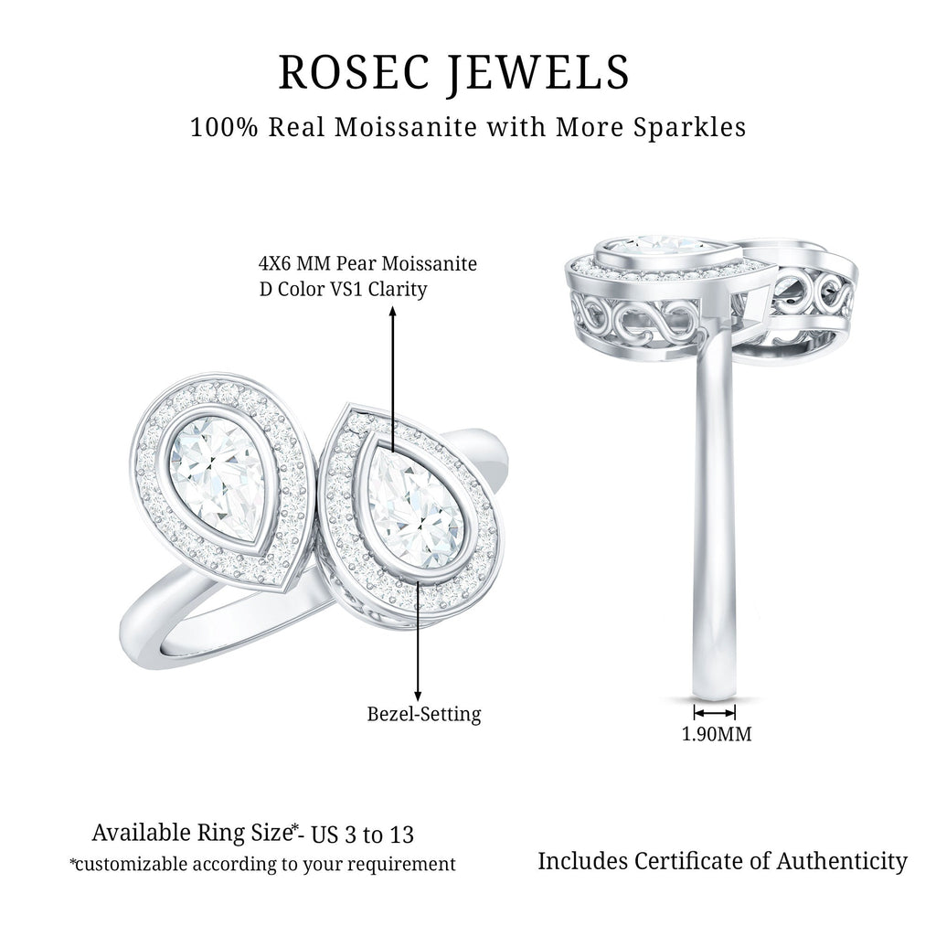 Pear Cut Moissanite Two Stone Engagement Ring with Halo