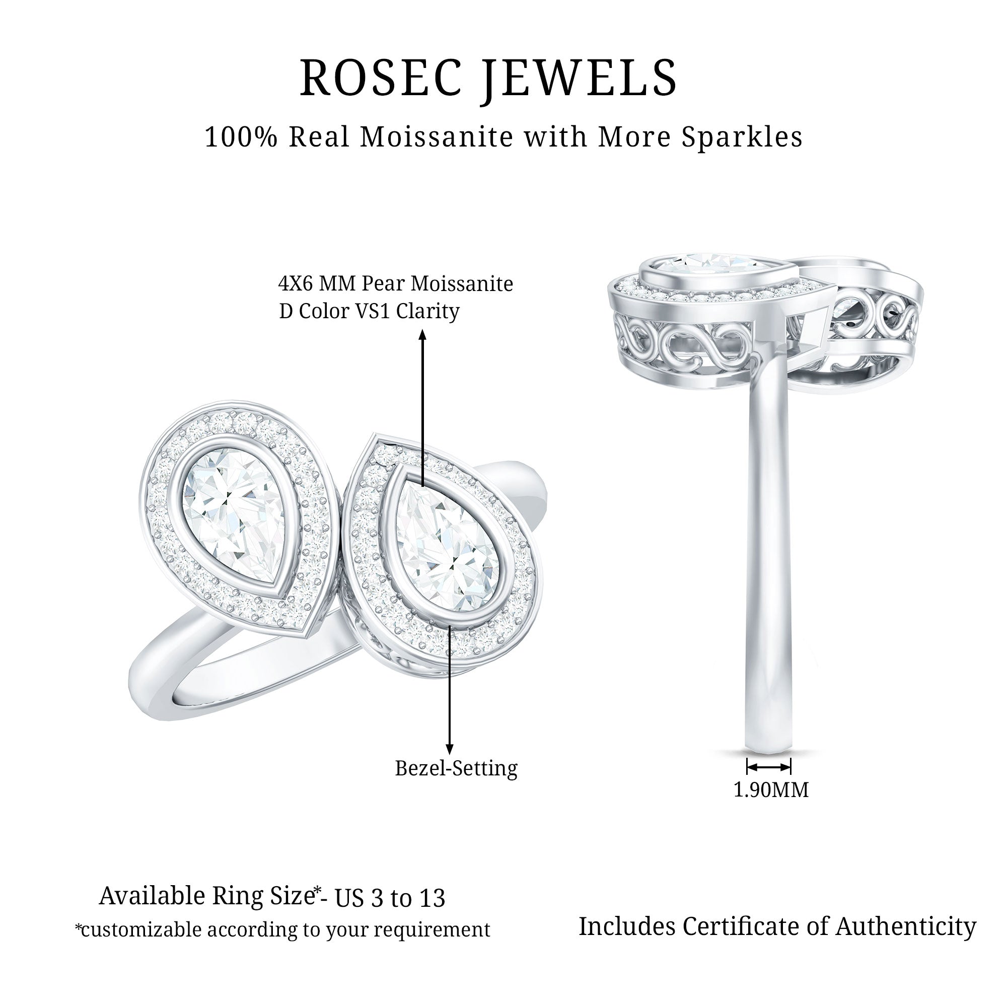 Pear Cut Moissanite Two Stone Engagement Ring with Halo