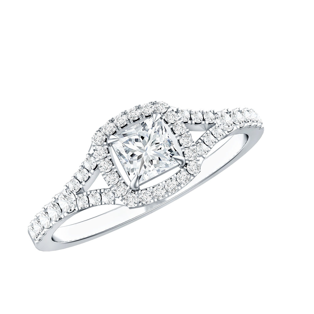 Princess Cut Moissanite Halo Engagement Ring with Split Shank