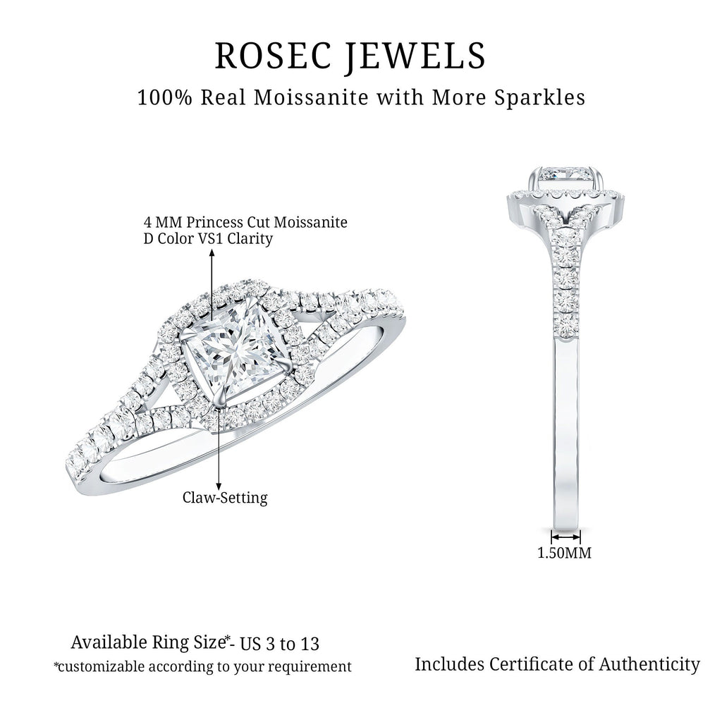 Princess Cut Moissanite Halo Engagement Ring with Split Shank