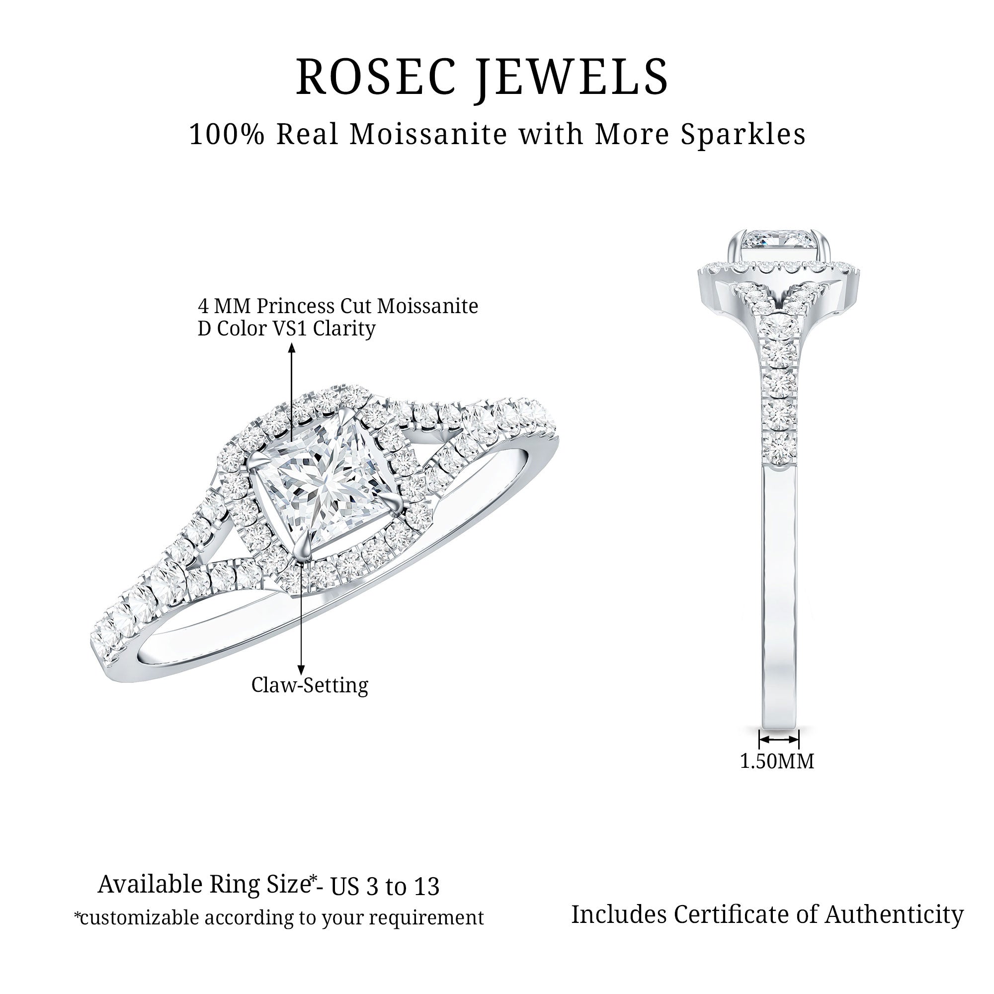 Princess Cut Moissanite Halo Engagement Ring with Split Shank