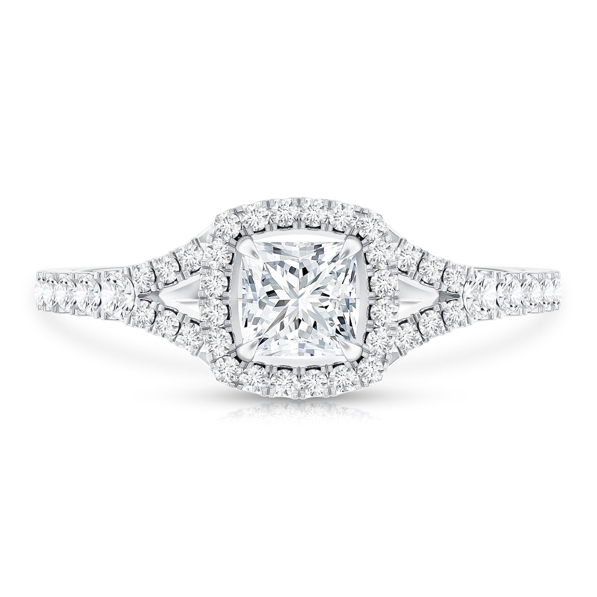 Princess Cut Moissanite Halo Engagement Ring with Split Shank