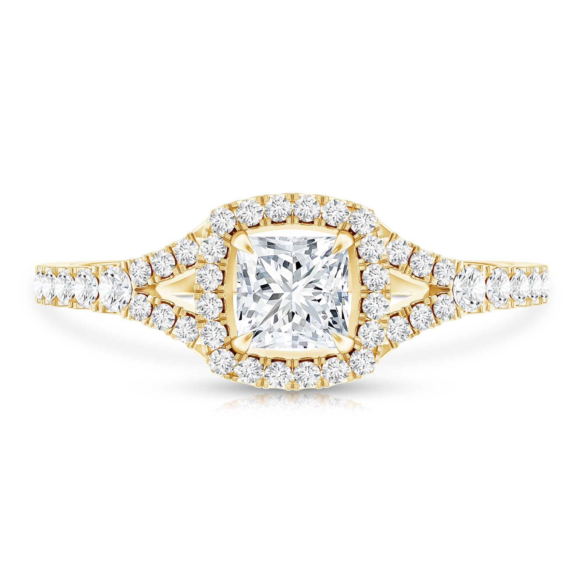 Princess Cut Moissanite Halo Engagement Ring with Split Shank