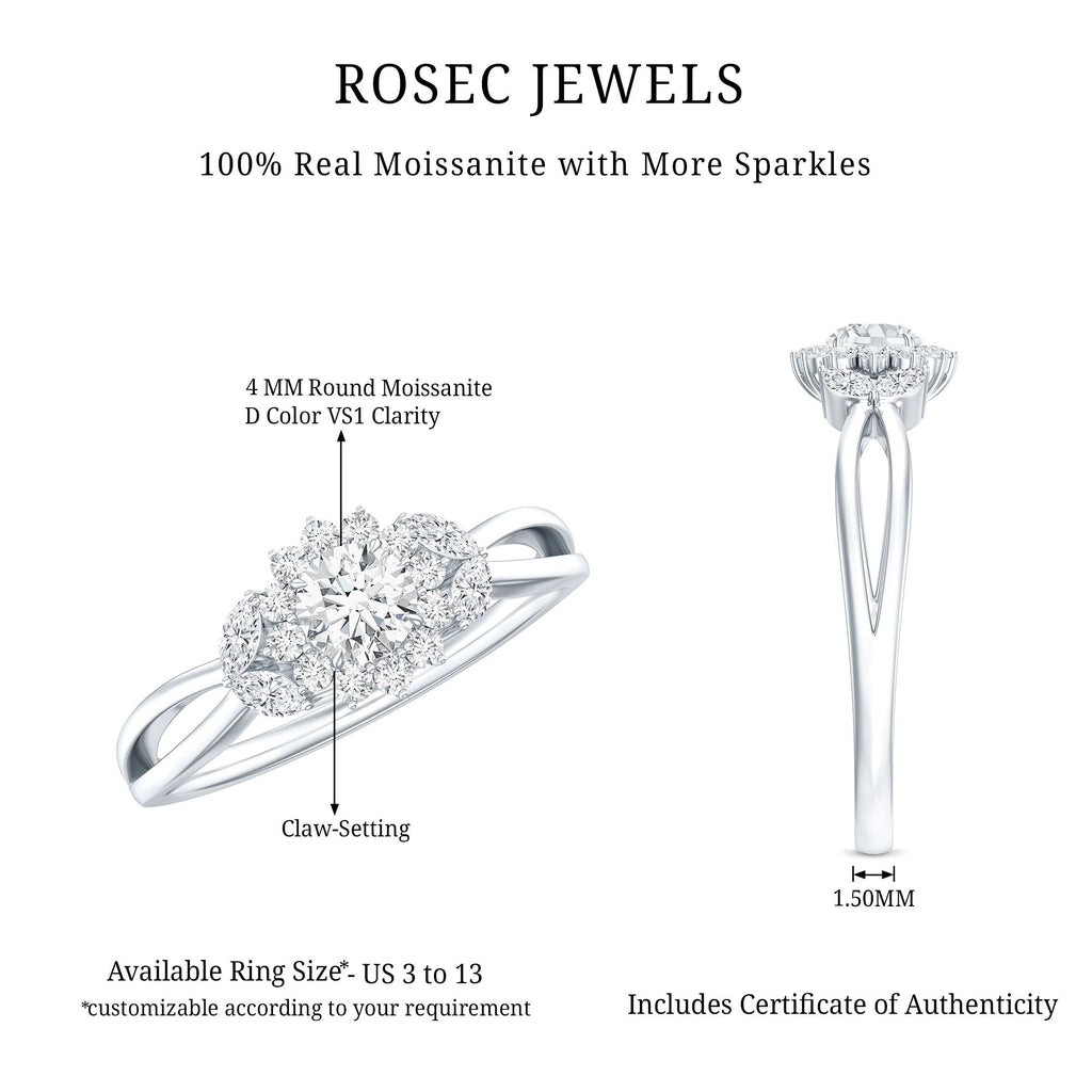 Certified Moissanite Flower Engagement Ring with Split Shank