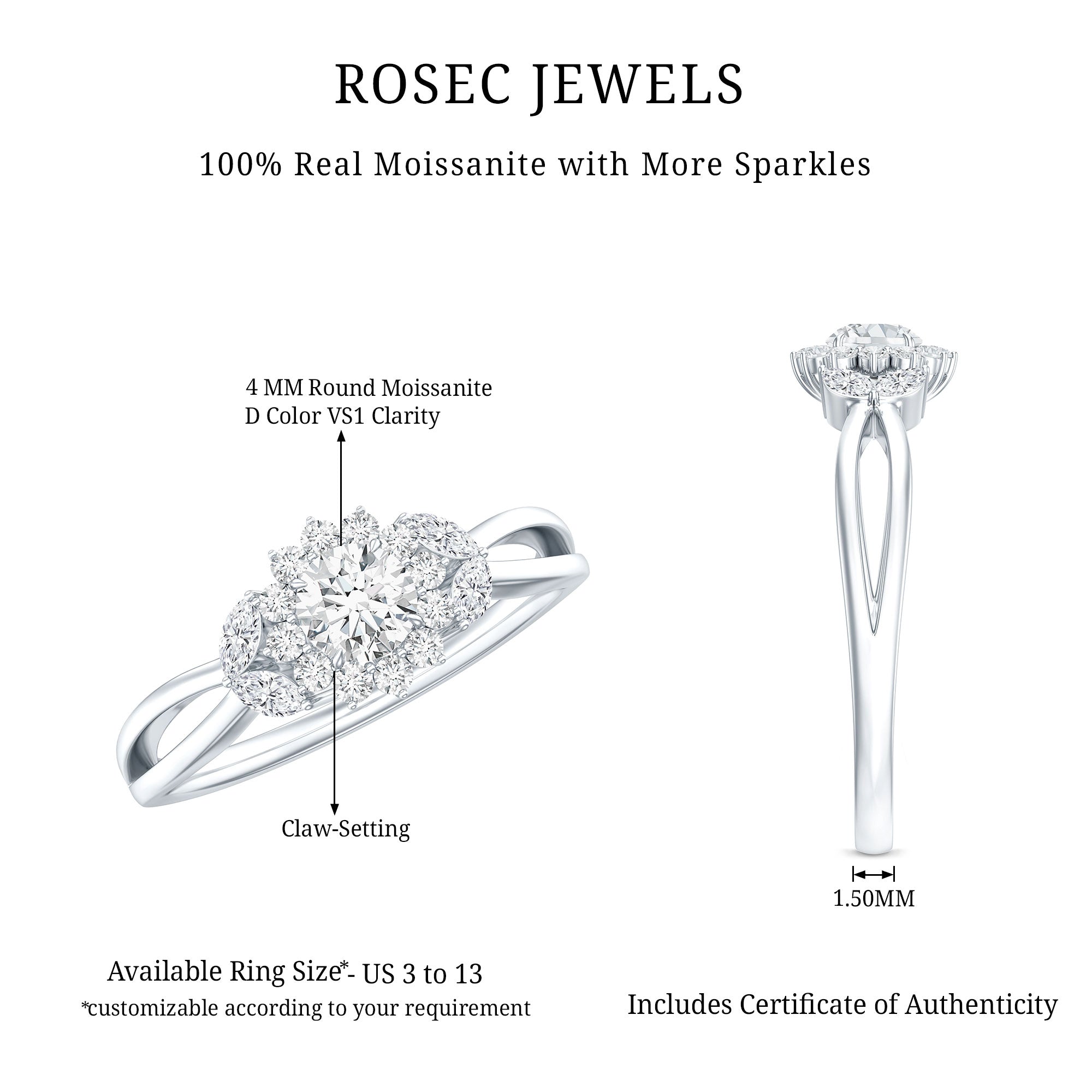 Certified Moissanite Flower Engagement Ring with Split Shank