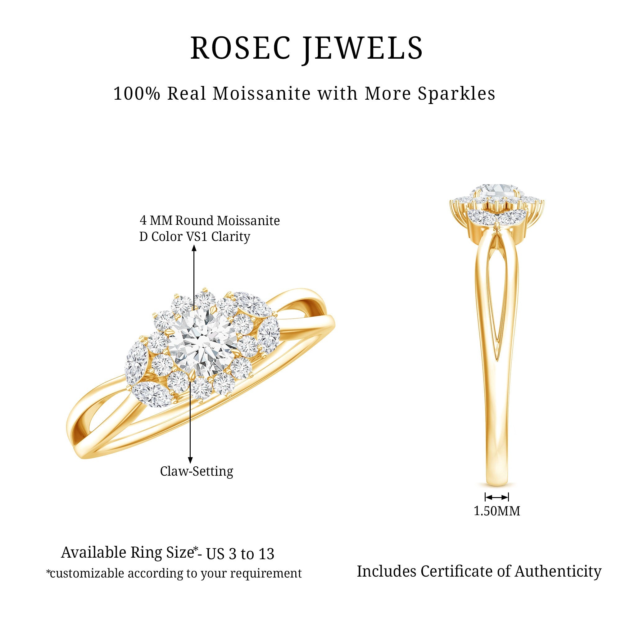 Certified Moissanite Flower Engagement Ring with Split Shank
