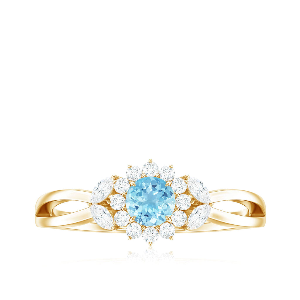Natural Aquamarine Flower Promise Ring with Diamond