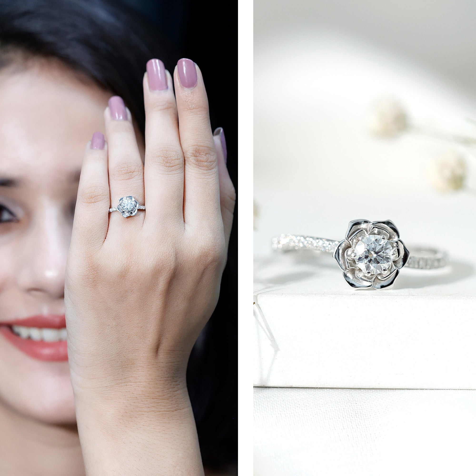 Certified Moissanite Rose Flower Engagement Ring