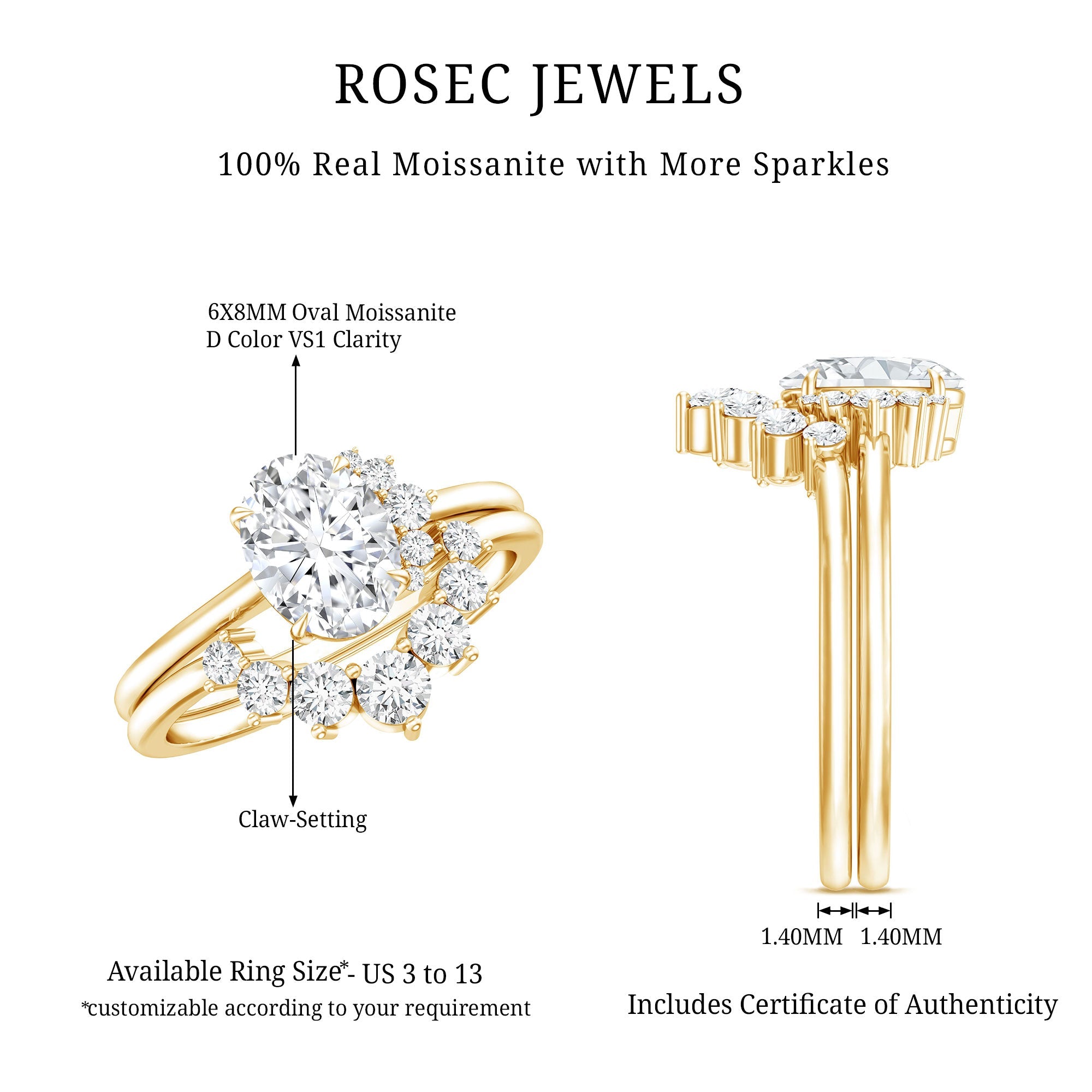 Designer 1.2 Carat Oval Cut Moissanite Wedding Ring Set With Certificate