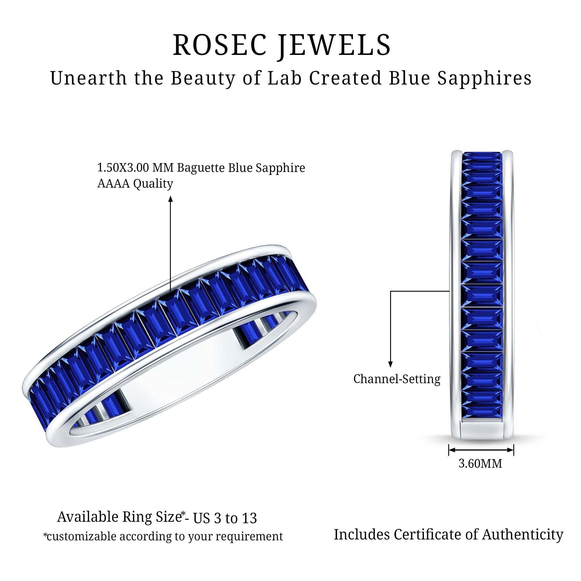 Certified Lab Grown Blue Sapphire Baguette Eternity Band Ring for Women