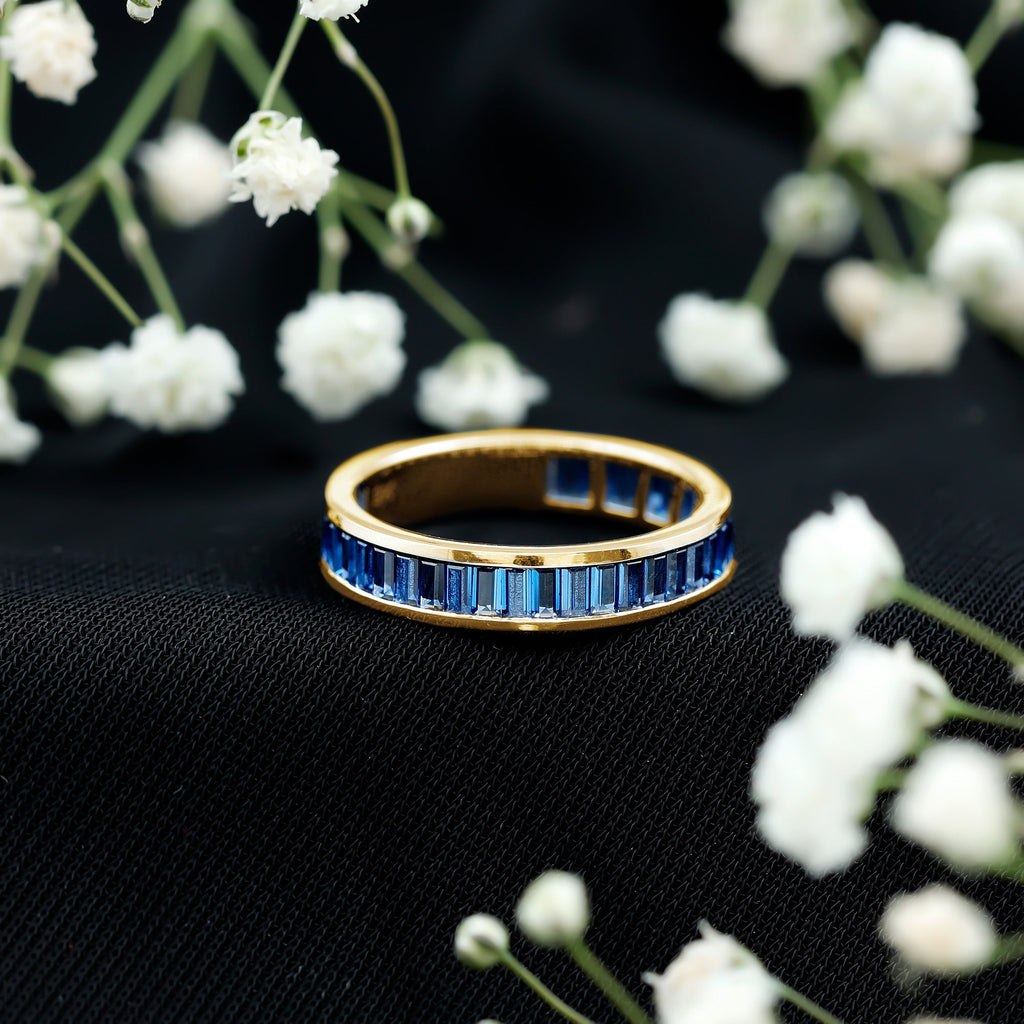 Certified Lab Grown Blue Sapphire Baguette Eternity Band Ring for Women
