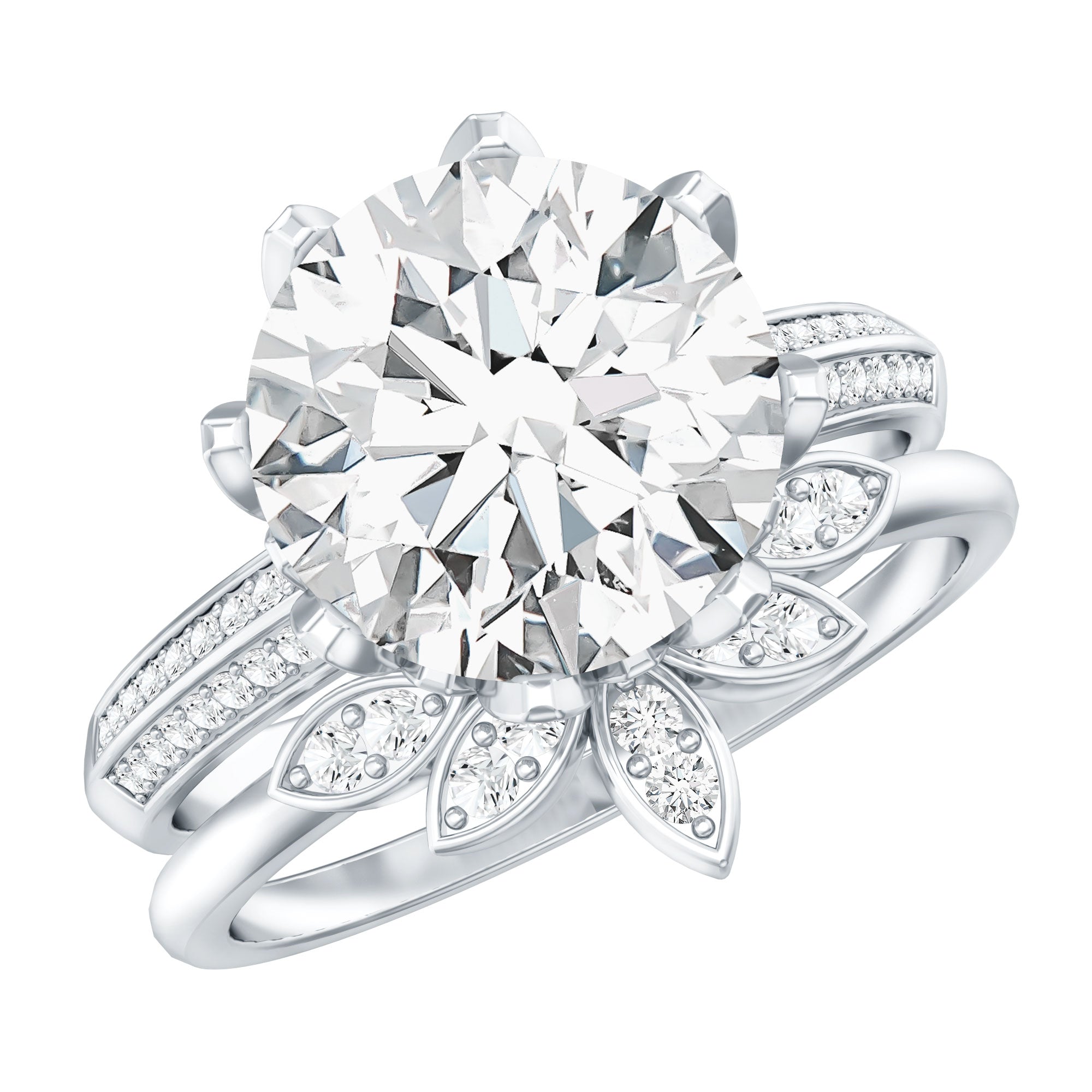 4.4 Carat Round Moissanite Flower Engagement Ring With Enhancer