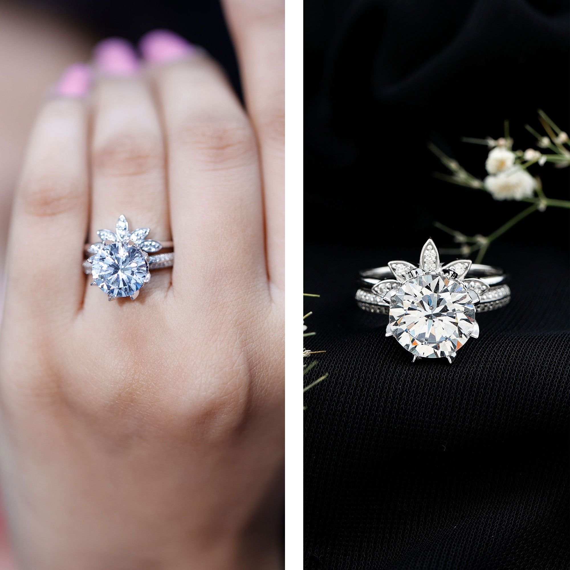 4.4 Carat Round Moissanite Flower Engagement Ring With Enhancer