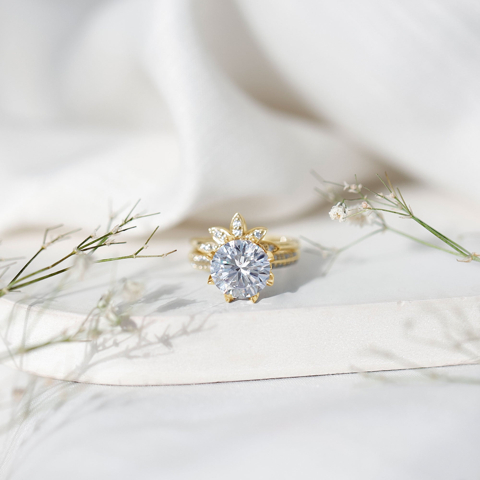 4.4 Carat Round Moissanite Flower Engagement Ring With Enhancer