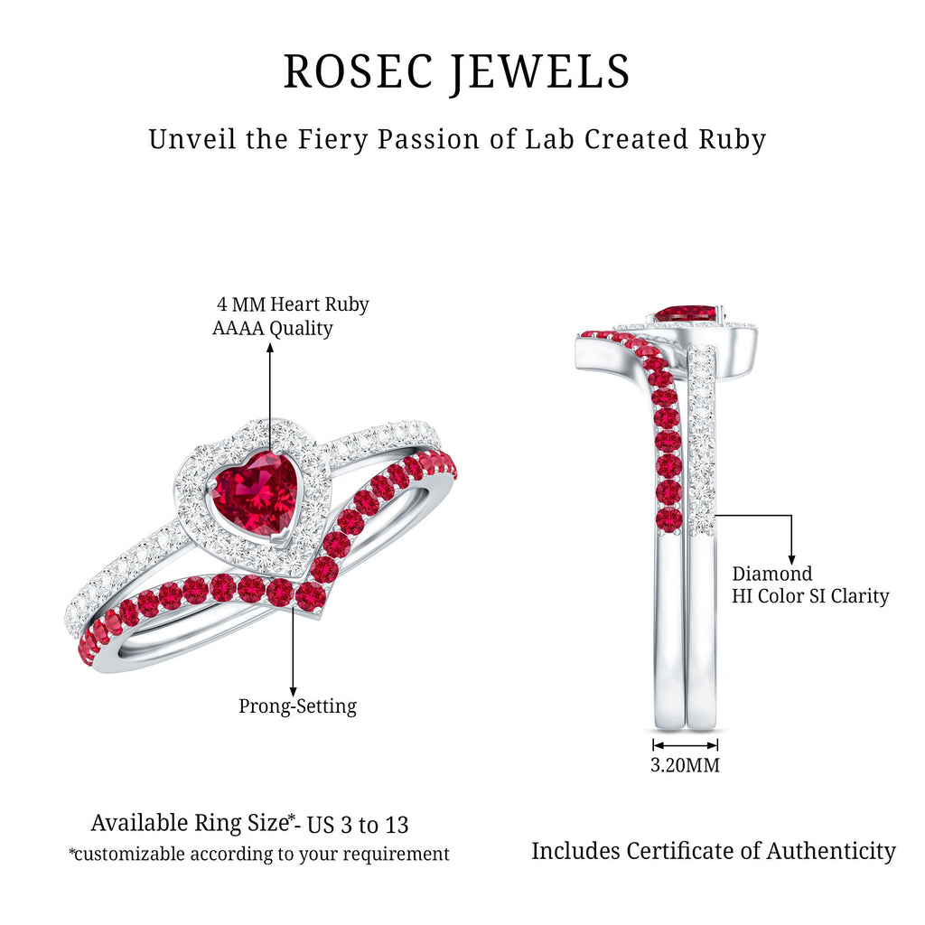 Lab Created Ruby and Diamond Heart Wedding Ring Set