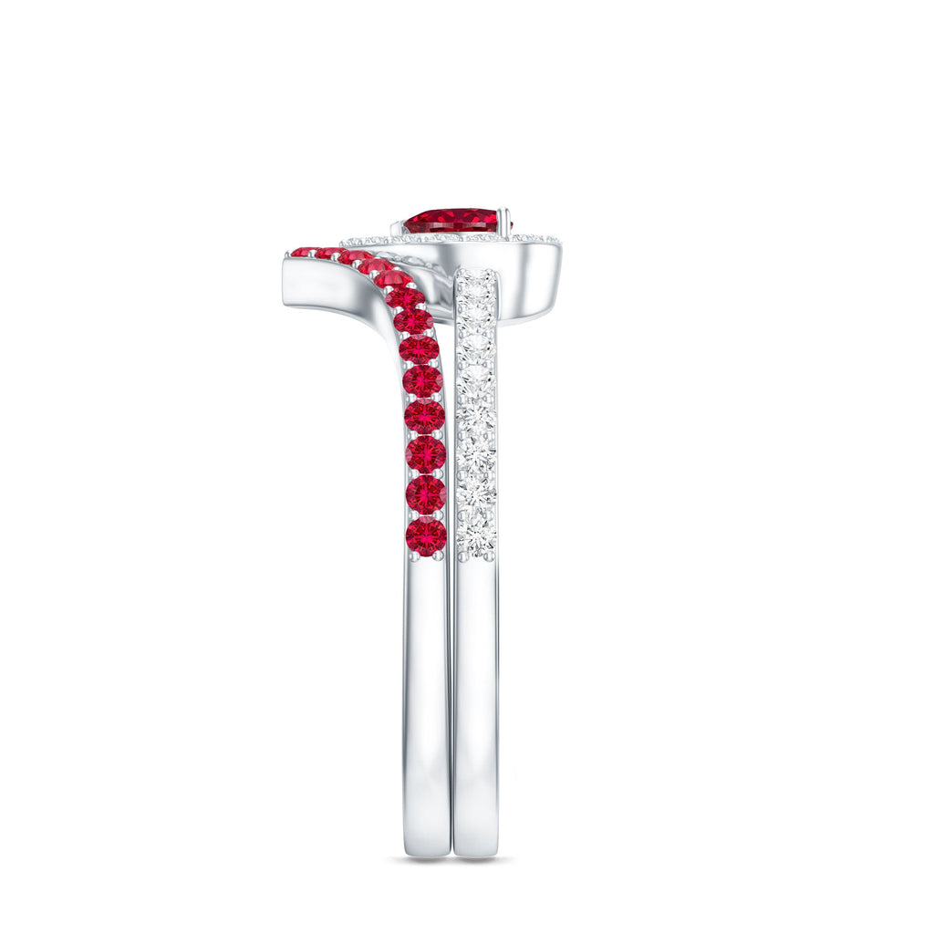Lab Created Ruby and Diamond Heart Wedding Ring Set