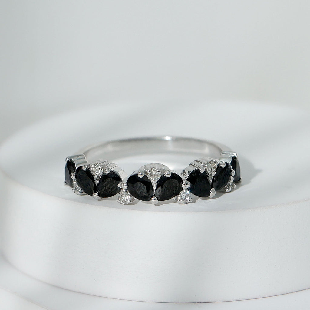 Natural Black Onyx and Diamond Half Eternity Band Ring