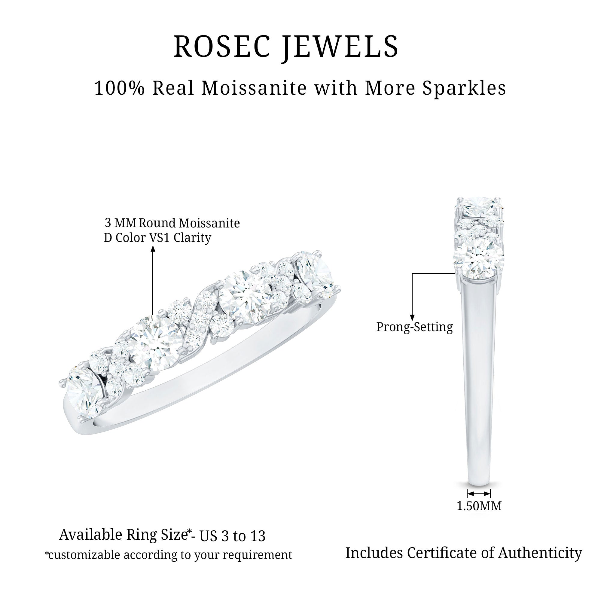 Certified Moissanite Half Eternity Stackable Band Ring