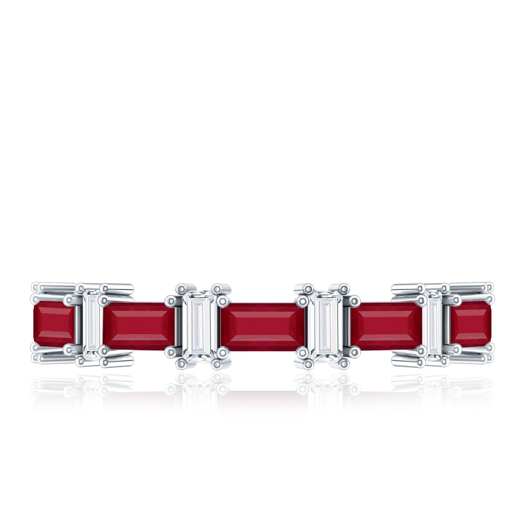 Baguette Cut Ruby Half Eternity Ring with Diamond Accent