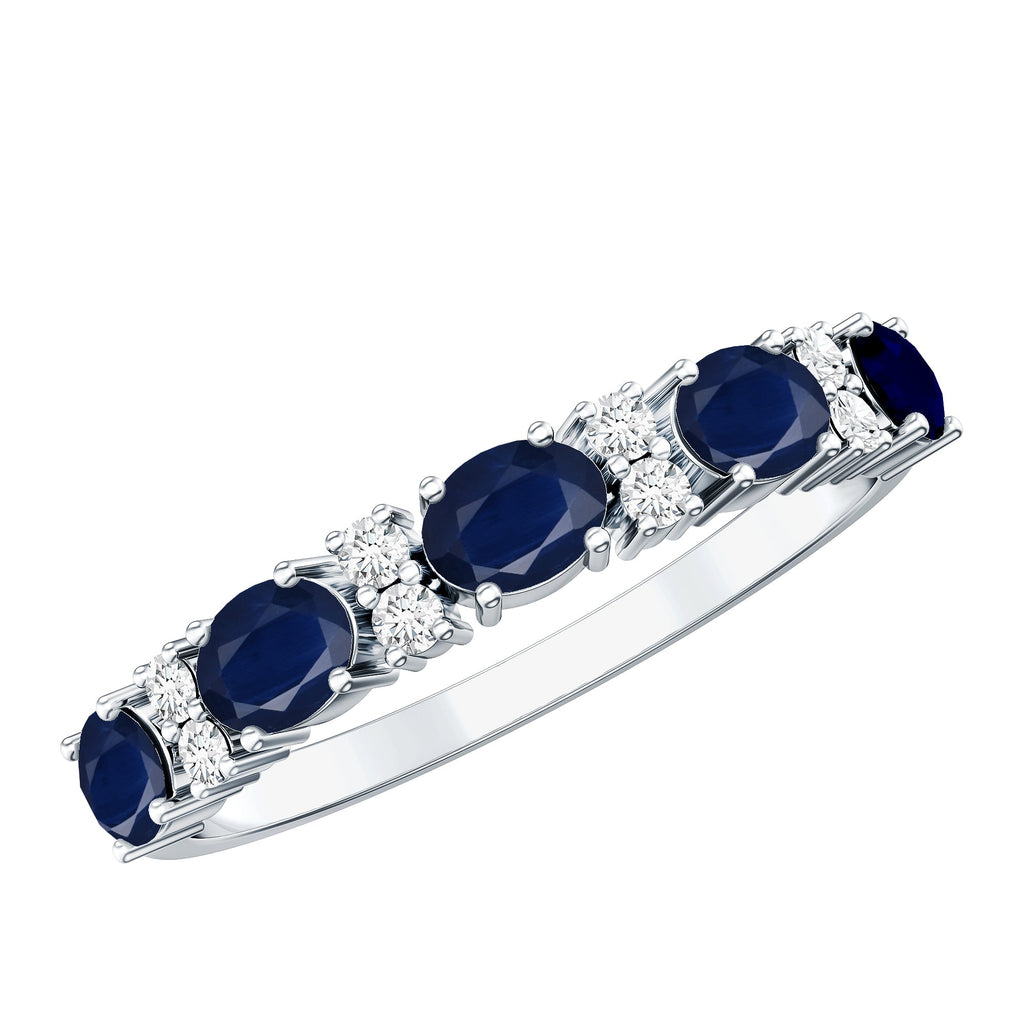 Natural 0.8 Carat Oval Blue Sapphire and Diamond Half Eternity Wedding Band