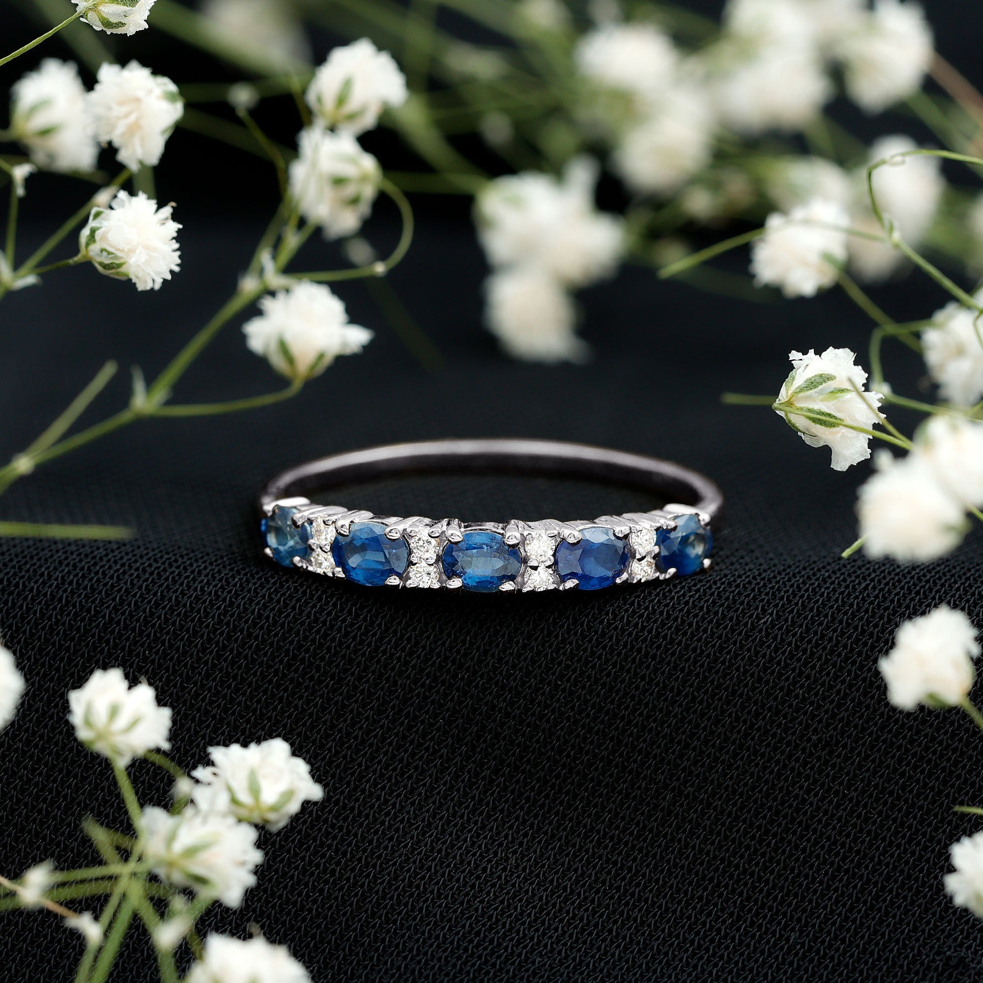 Natural 0.8 Carat Oval Blue Sapphire and Diamond Half Eternity Wedding Band